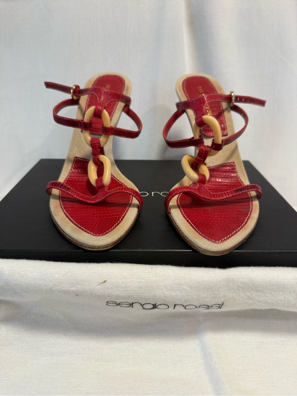 Sergio Rossi Red Patent T-Strap Sandals with Cream Chain Detail